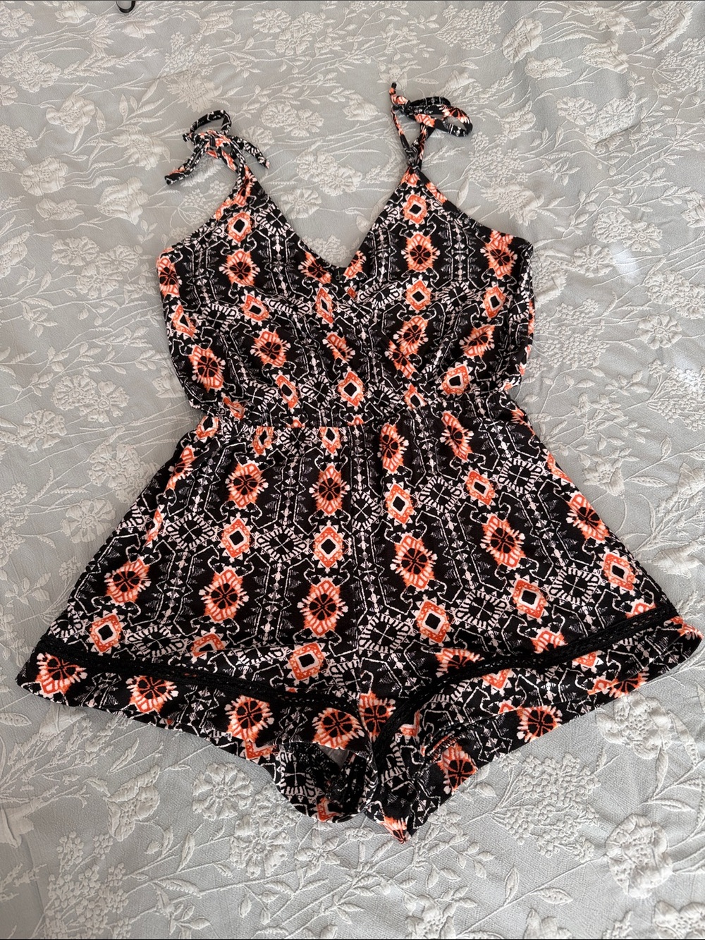 Derek Heart Black Romper with Coral and White Medallion Print